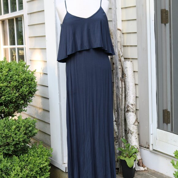 Matty M Navy Blue Overlay Top Low Back Knit Rayon Sleeveless Maxi Dress Sz SMALL - Picture 1 of 8